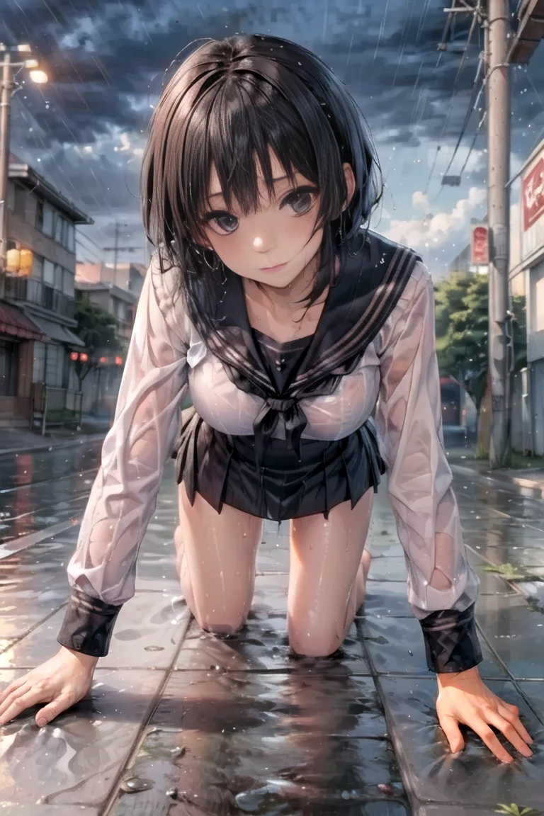 ((high quality, 8k, 4K, High Contrast, masterpiece:1.2, highest quality, Best aesthetics)),cowboy shot,1 female,((beautiful and cute woman,beautiful detailed face and eyes,big gorgeous eyes)),The perfect 25 years old, Japanese、Black Hair、Straight hair,short bob hair,bangs,Anxious expression、tears,oily skin, gleaming skin,(medium breasts,small face:1.4,slender body,skinny),((Wet with rain、Wet clothes)),white formal shirt、Short sleeve、Black tie、Pleated black mini skirt、Black panties、barefoot,(Black sneakers)、I stumbled and fell、Lying on a puddle,Heavy rain、on street,Tokyo,at night、(Textures and environments、Professional photos、Perfect lighting).