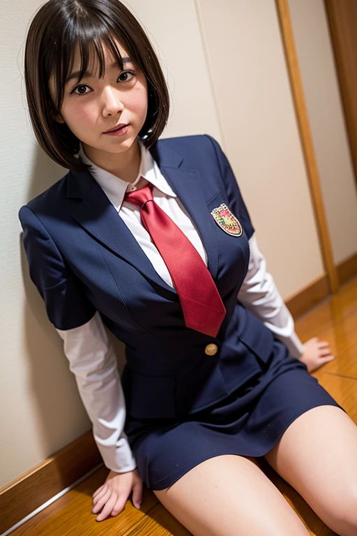 Non-NSFW、Realistic、Highest quality、Highest quality、masterpiece、Ultra-high resolution、RAW Photos、Realistic、Bright lighting、Face Light、Smooth Professional Lighting, (navy blazer:1.5), (red tie:1.5), (gray mini skirt:1.5), (white thighhighs:1.5)、Looking into the camera、alone、Adult female、Beautiful woman、Super Beauty、realistic skin、Moisturized Skin、Realistic eyes and faces、Perfect model body shape、Beautiful Eyes、Big eyes、Inconspicuous tear bags、slim、No bra、Beautiful fingers、very short hair、Black Hair、Blue Eyes、Looks happy,(smiling:1.1)、(Both ears are hidden by hair)、Fantasy World, Small Ass, (Venus's Breast:1.3), A konigsreuter,(high heels:1.5)