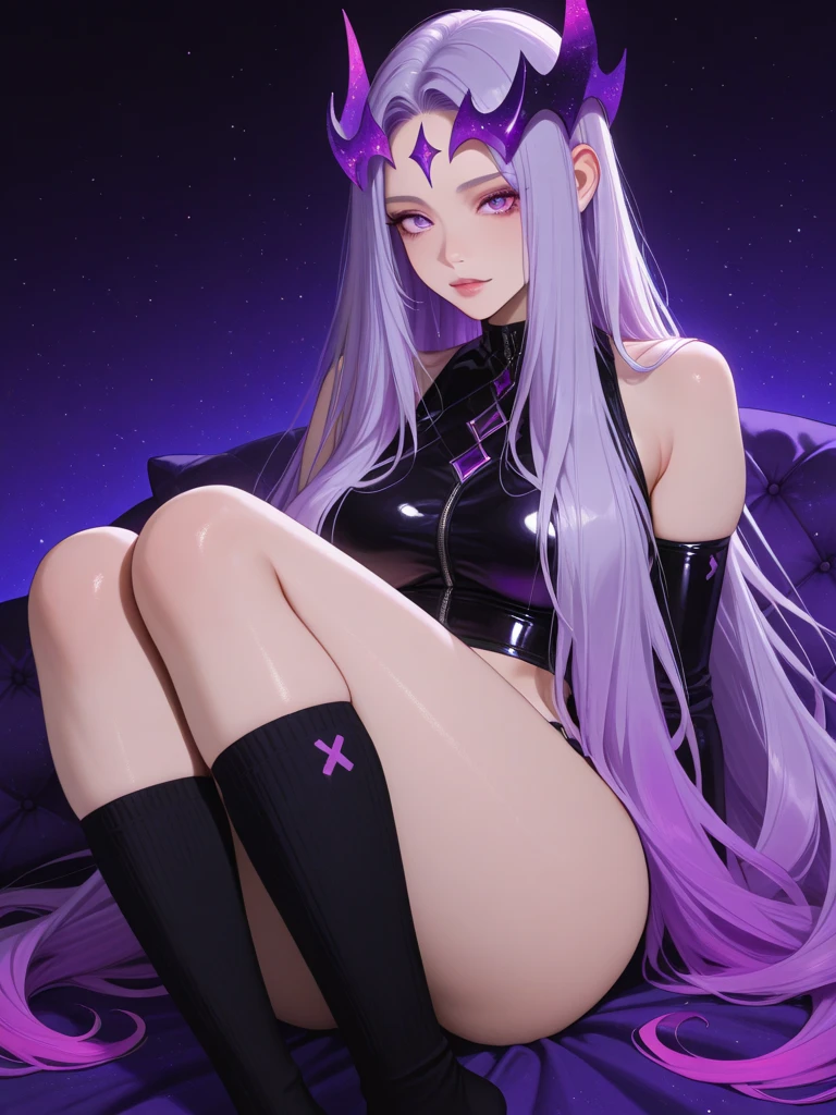 Medusa、fate、Purple Hair、Long Hair、((Thigh-high boots))、Photo from below、Medium chest、Bedroom、Black Bra、Black Panties、((Long gloves))、Sitting with legs crossed、Leg spread