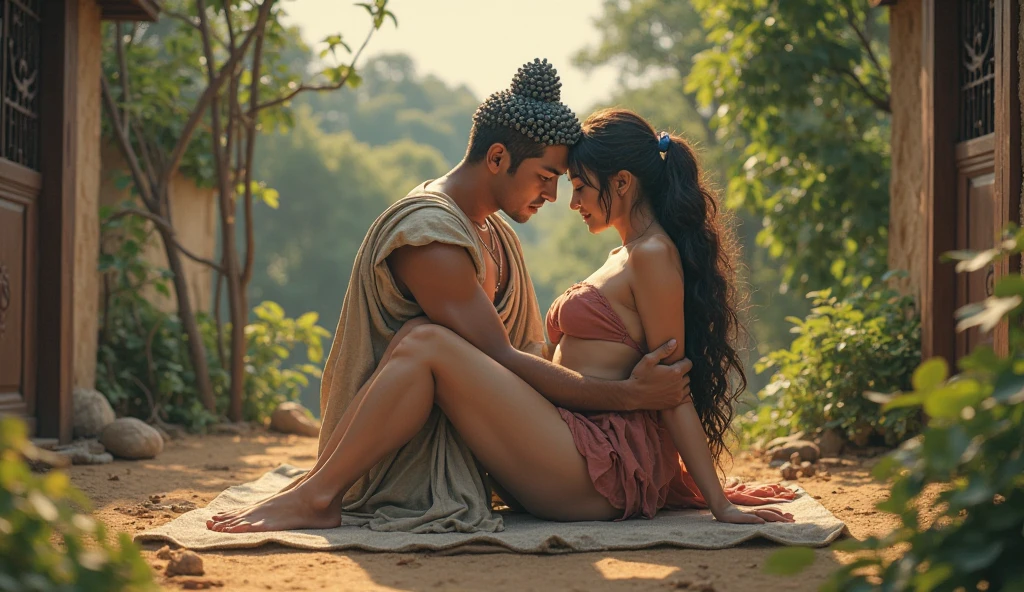 Sexy beautiful big buttocks indian milf woman That a sage gave a massage on top of the stone in background water fall