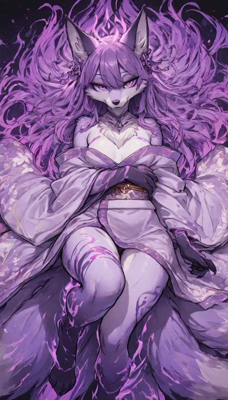 a sexy milf with a blindfold on, has very long purple hair, breasts, showing cleavage, has fox ears, lounging inside bubble bath, only covered by bubbles, surrounded by candles and soft multi colored fuzzy plushies
