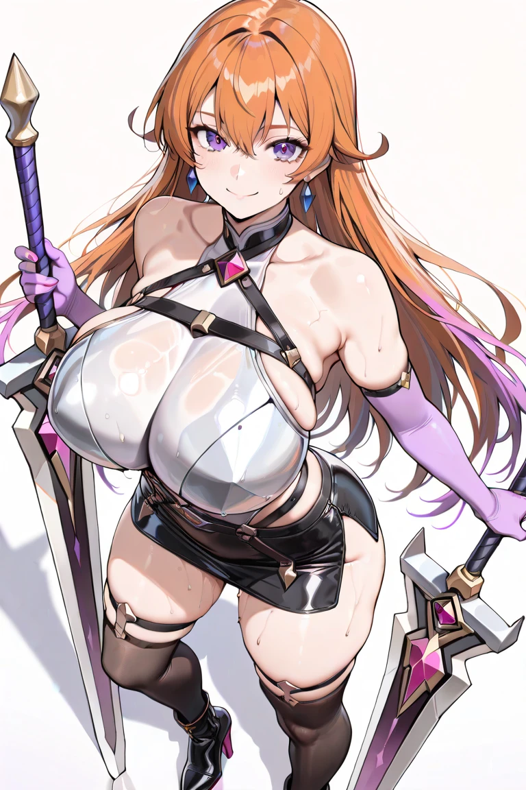 score_9,score_8_up,score_7_up,mole_under_eye, yinlin_(wuthering_waves), (miniskirt:1.1), black_hairband, blush, solo, 1girl, white_background, simple_background, bare_shoulders, earrings, large_breasts, sweat, looking_at_viewer, upper_body, hair_stick, pussy, standing, spread legs, nipples, arm behind head