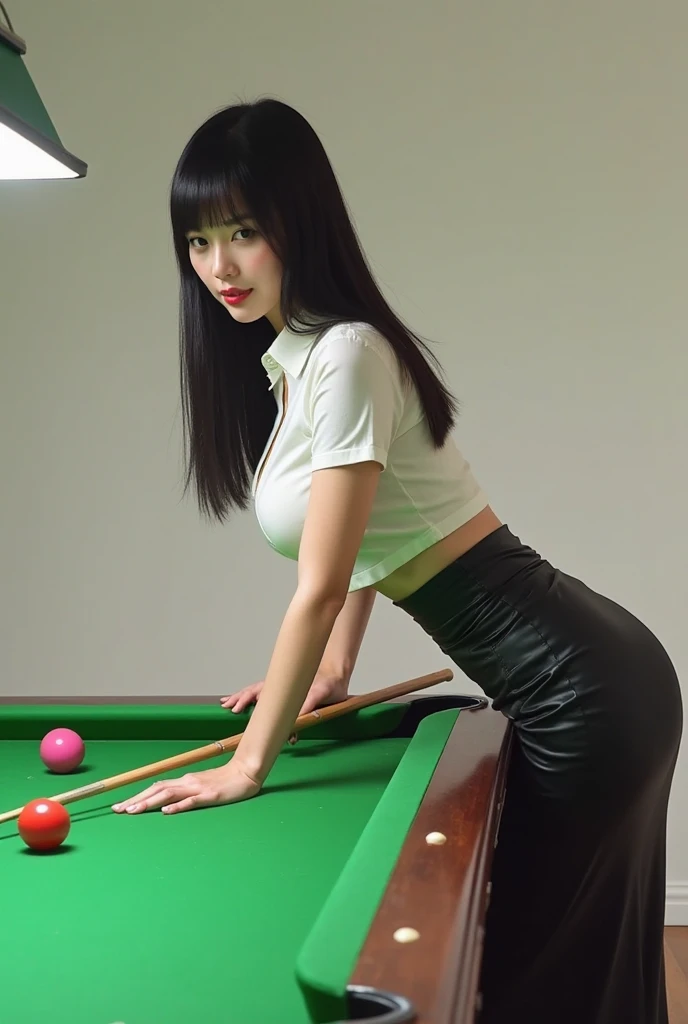 (16 K,Raw photo,masutepiece,Best Quality:1.4),(超A high resolution,A hyper-realistic,Realistic,photographrealistic:1.2),Sharp Focus,Hyper Detail,Beautiful,Perfect,Professional Lighting,Smooth,
Breaking the ocean'Hold the ball backwards on a pool table, she is not wearing anything on her upper body, her butt sticks out high, she looks out of a short skirt. Pubic hair, Big breasts,ass forcus/hip focus,/,embarrassed,(Naked:1.2),NSFW