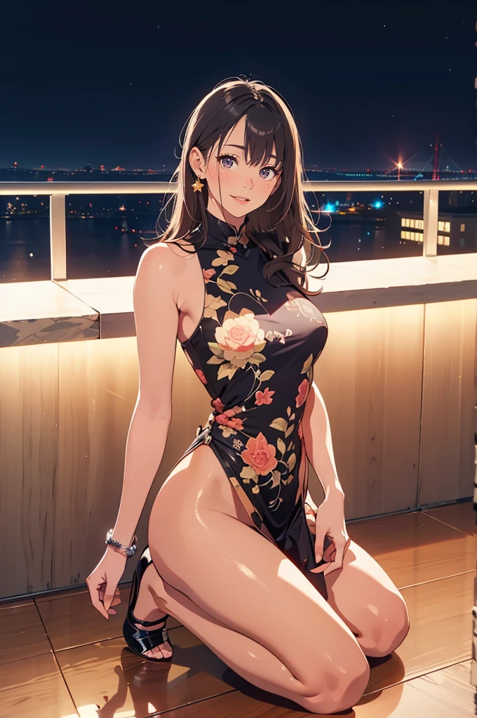 realisticlying、(Ultra-detailed(8K),()27yo)、、(Sit with your back to the chair).Turn around and smile、(skin gloss)、show through、(Large close-up looking up from below)、Wearing a thin,( Light and snug-fitting red slit short dress)、Emphasize and enlarge your thighs、sexly、Face smile、(big breast shot)、Terrace overlooking the sunset