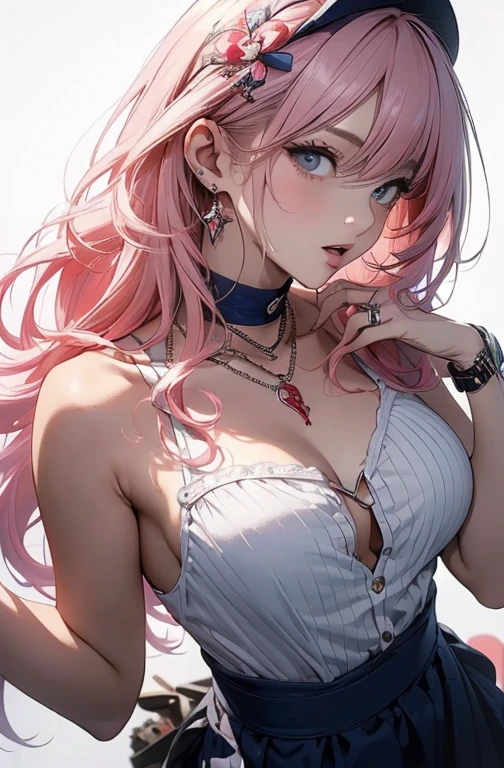 Best Quality,High resolution,8k,(plain white background, no patterns, no textures, just a plain white background:1.3),Masterpiece:1.2),beautiful girl,Shiny pink hair,messy hair,Pink eyes,off shoulder, paired with pre-ripped jeans, colorful cotton fabric with a subtle pattern, casual sneakers with a pop of color, Accessories include a playful pendant necklace and colorful stud earrings,Gentle look,A refreshing look,smile,Best quality,Best Quality,Aesthetic and aesthetic:1.2,Best details((Super detailed))(High-definition CG illustrations),Slender body,smile,blush,cute,Scrounge,Looking up,Being spoiled,super model