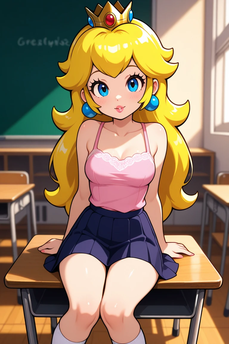 masterpiece, best quality, 4k, high res, detailed, <lora:PrincessPeach2B:0.9>, detailed background, beautiful blue eyes, CARTOON, ANIME, CARTOON ARTSTYLE, detailed face, highest quality, 1girl, solo, long hair, breasts, blue eyes, blonde hair, large breasts,  jewelry, ponytail, earrings,  crown, princess peach,  pink lipstick, school uniform, indoors, classroom, chalkboard, skirt, cleavage, desks, school outfit,