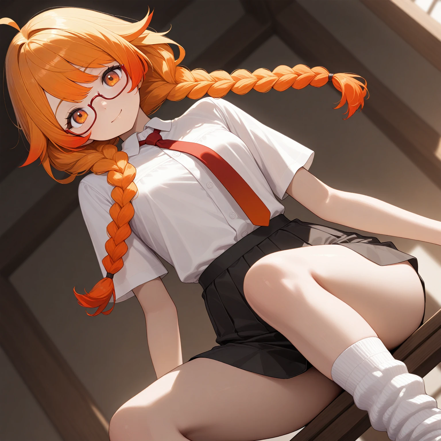 Orange long hair、hime-cut、Golden Eyes、eye glasses、ssmile、early age girls、flat chest、Thin pubic hair、Beautiful open legs、Red bathrobe、Purple flower garden