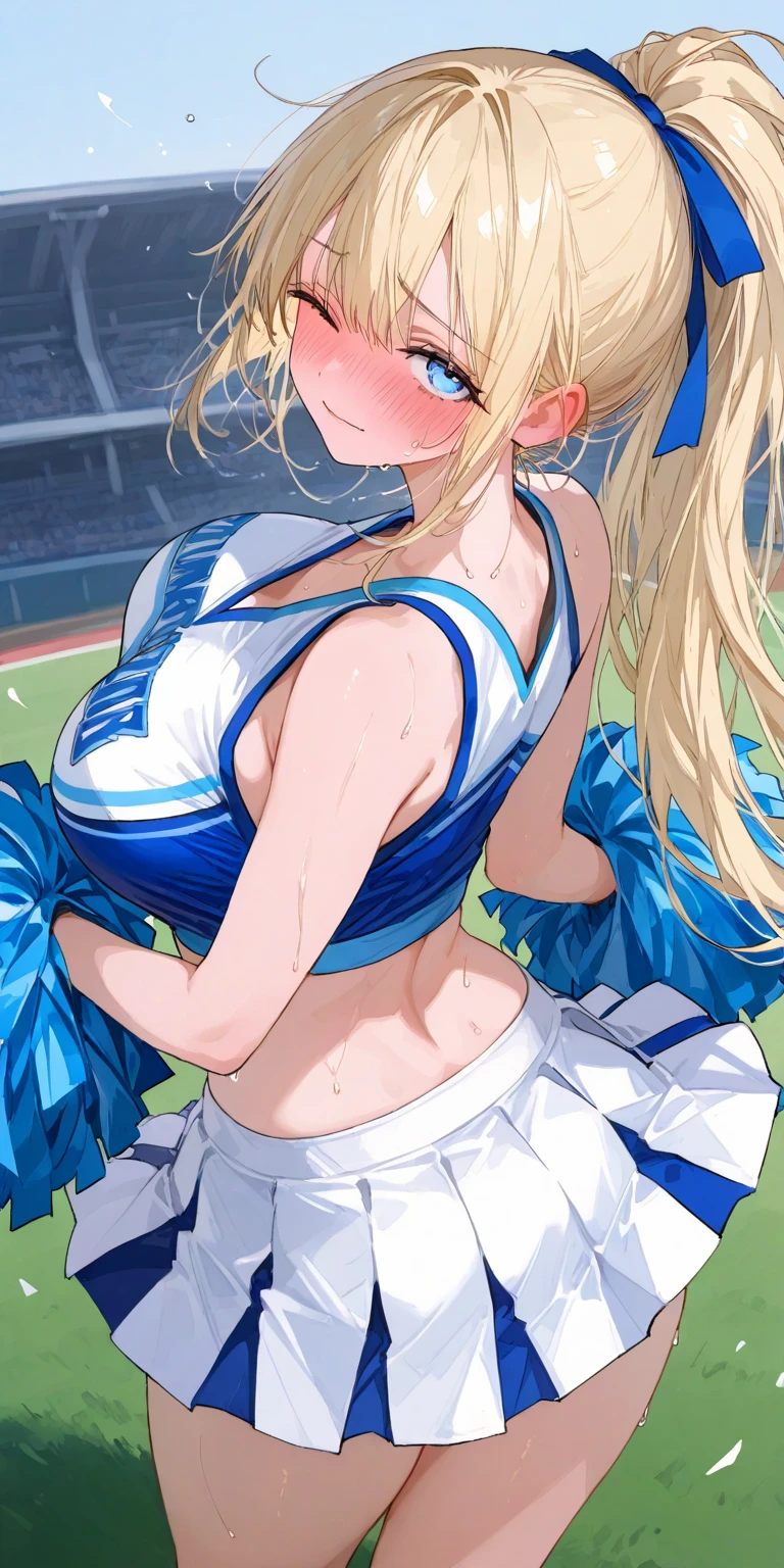 Masterpiece, Top quality, 1 beautiful girl, Blonde, medium Hair, Braided hair, wavy Hair, blunt bangs, airy hair, 17 year old cheerleader, standard weight, medium breasts, cleavage, (happy:1.3), blush, closed eyes, beautiful scene of park, blurry background, magnificent panorama view, dynamic pose