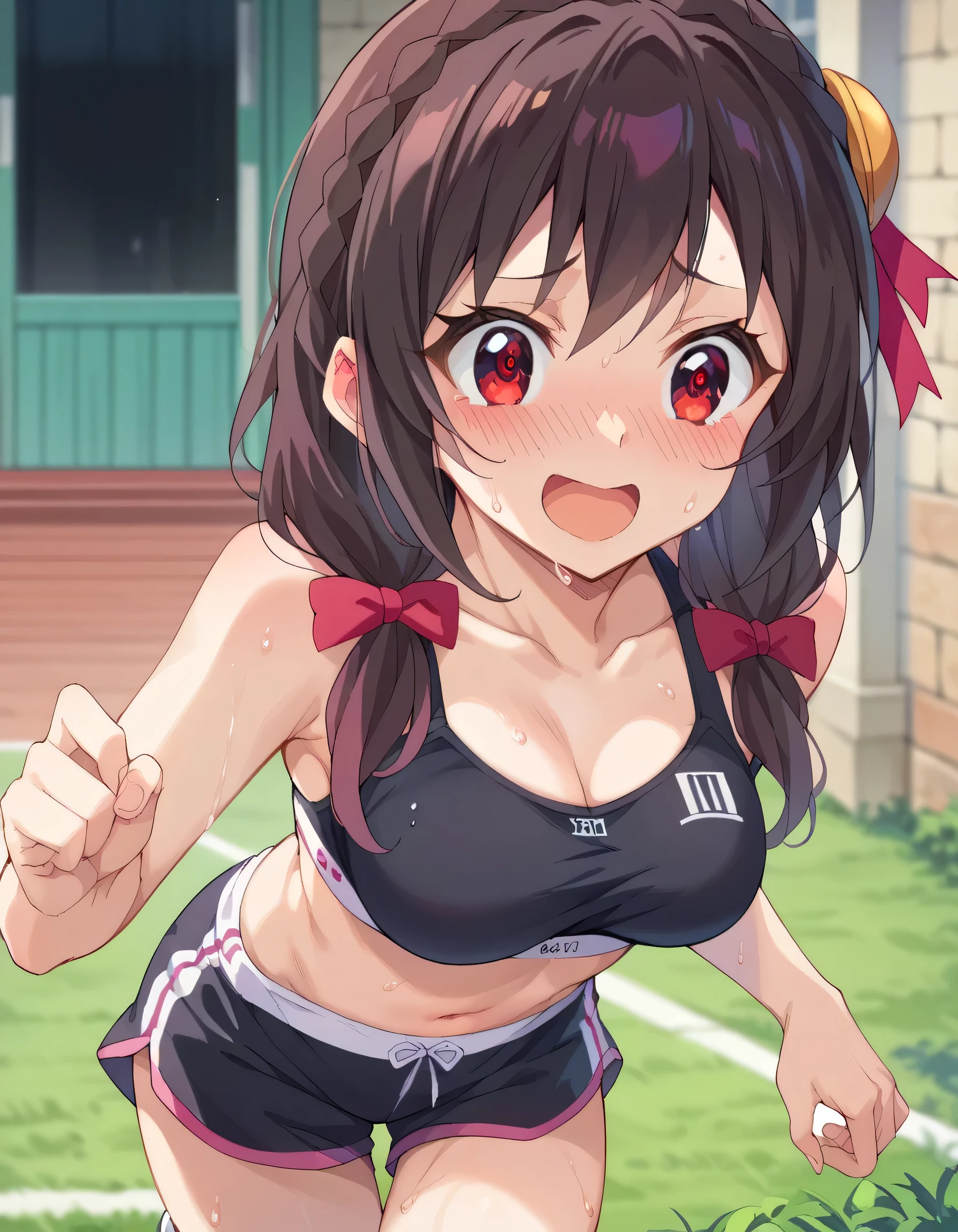 1womanl,Brown hair,14 year old beautiful breasts,(((Sexy white and red shiny gym clothes and short cheeks、Smile with open mouth)),(((Kuroko Shirai))),((( portlate))),Crowds,Shiny white gym uniform and blue shorts,Wet with sweat,((athletic field)),see -through,outside of house,(((clothes shiny)))