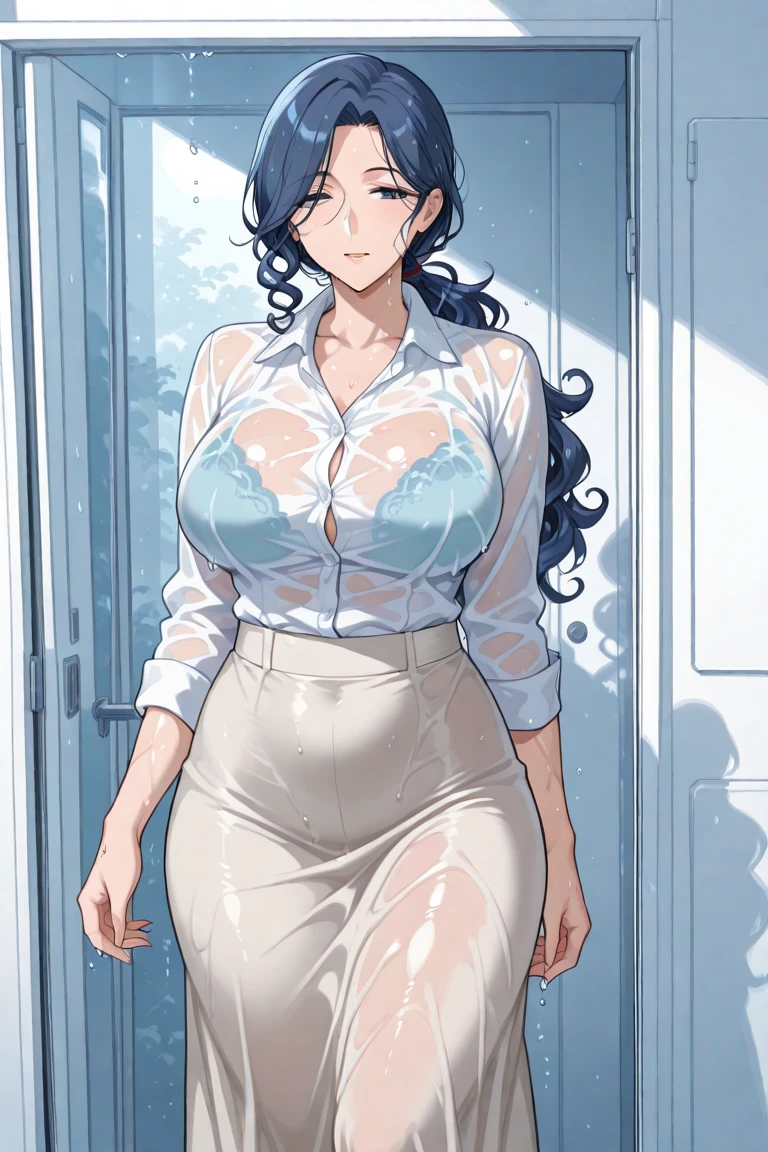 ((super high quality,Ultra-high resolution,16K,super masterpiece,Ultra HD ,Detailed shading)),Dimly lit bedroom,Full body photo,sexy mother,40 years old,Waist 85cm,Standing naked,Unbuttoned dress shirt,popped Tight collar,Cleavage,Long sleeve,Short black hair,Glasses,Provocative smile,View here,blush,Small amount,Sweaty,Pearl Earrings,Pearl Necklace,Engagement Rings,