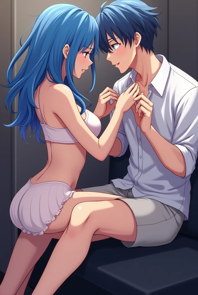 Arte estilo Akira Toryama, imagem de anime de um homem sem camisa ao lado de uma garota bonita vestindo camisola sexy