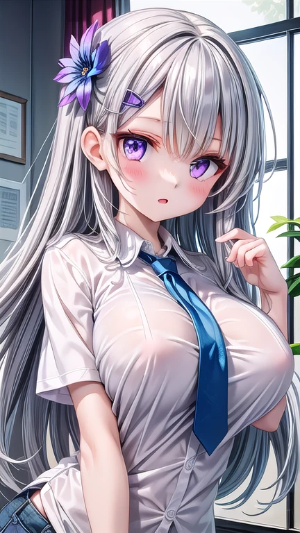 white bunny girl, animal ears, rabbit ears, high heels, long hair, pantyhose, tail, very long hair, yellow eyes, wrist cuffs, rabbit tail, leotard, large breasts, necktie, fishnets, fake animal ears, detached collar, white hair, (white leotard), (white costume), black necktie, strapless leotard,blanc \(nikke\), thin arms, thin legs, bent over, smiling, (undressing), (show off nipple), ((nipple))