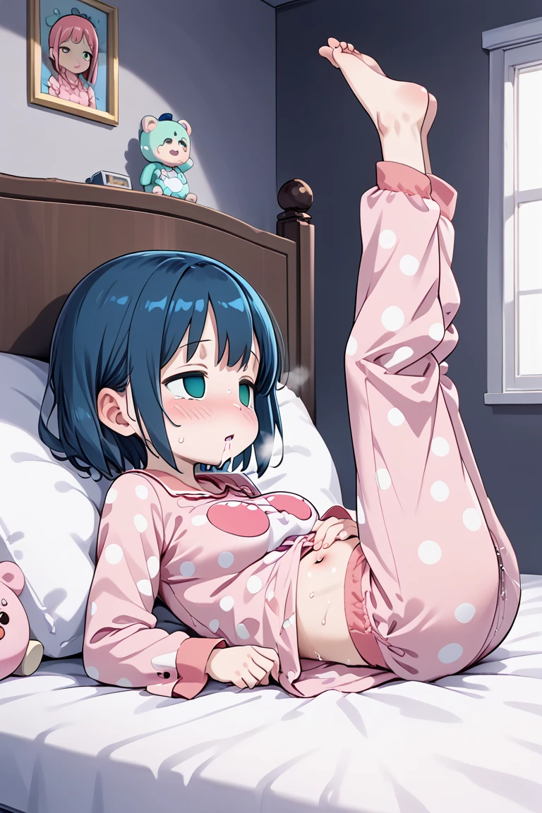 (masterpiece), (best quality), ((ultra-detailed)), (high resolution), (an extremely delicate and beautiful, super fine illustration), official art, BREAK (1girl), (:1.6), (tiny girl:1.6), (8yo)lat chest:1.4), Plump, (Thick thighs:1.8), (big ass:1.5), erect nipples, Huge areola, large nipples, (long nipples:1.4), erect nipples, oily skin, BREAK droopy eyes, emerald blue eyes, (bad mood:1.5), (clear face:1.5), (half closed eyes:1.4), BREAK (bob cut:1.3), tired hair, messy hair, Black hair color, girl wearing round black glasses, BREAK [[open mouth]], (pajamas:1.3), (white socks:1.5), BREAK open legs, BREAK (Sweat:1.3), steam, humid, BREAK (messy room:1.4), BREAK (dynamic angle:1.4),
