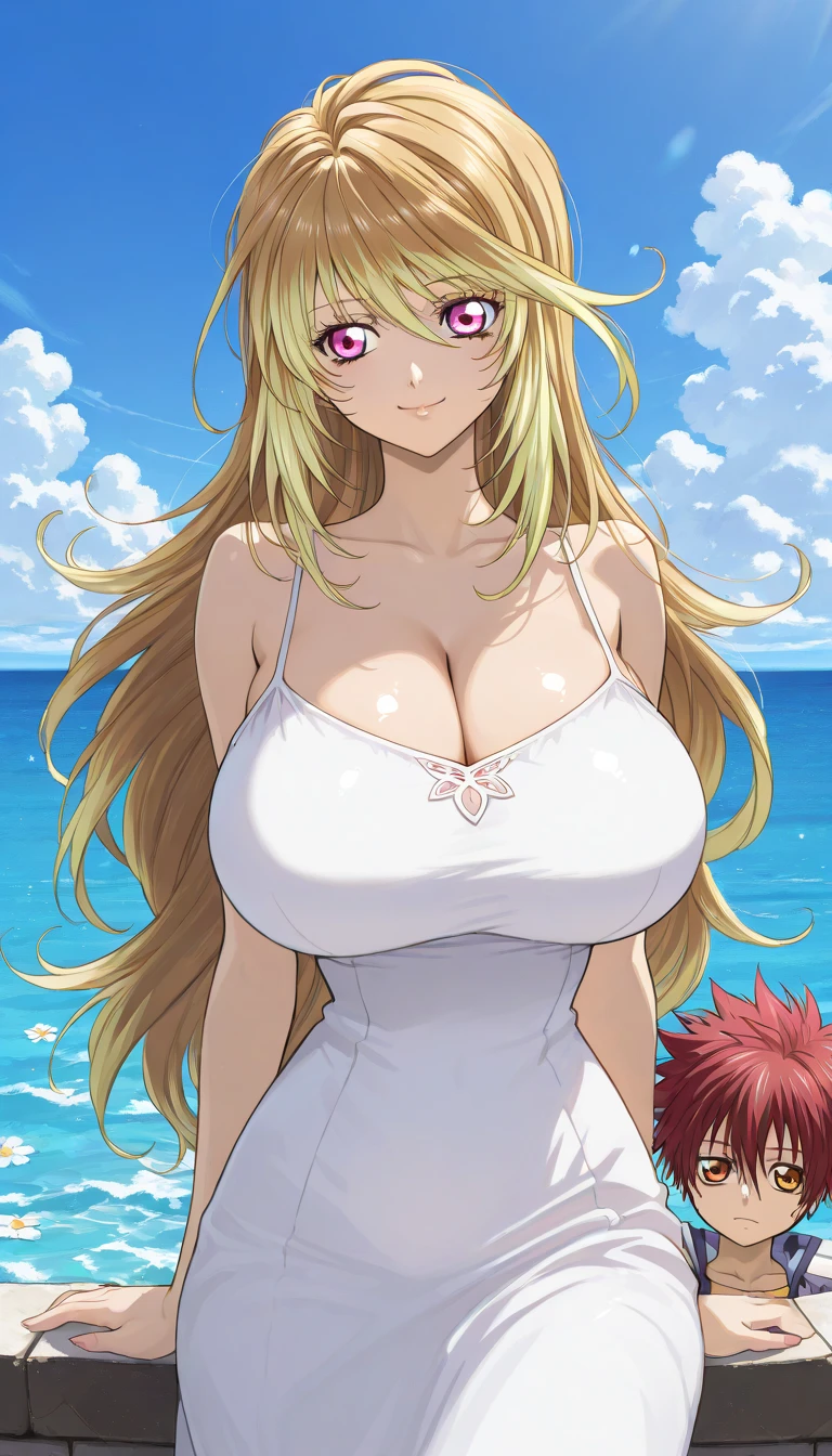 best quality, masterpiece, highres, solo, {oriana_thomson_toarumajutsunoindex:1.15}, blonde_hair, long_hair, drill_hair, blue_eyes, hair_over_one_eye, breasts, smile, large_breasts, 1girl, bare_shoulders, cleavage, cloud, day, sky