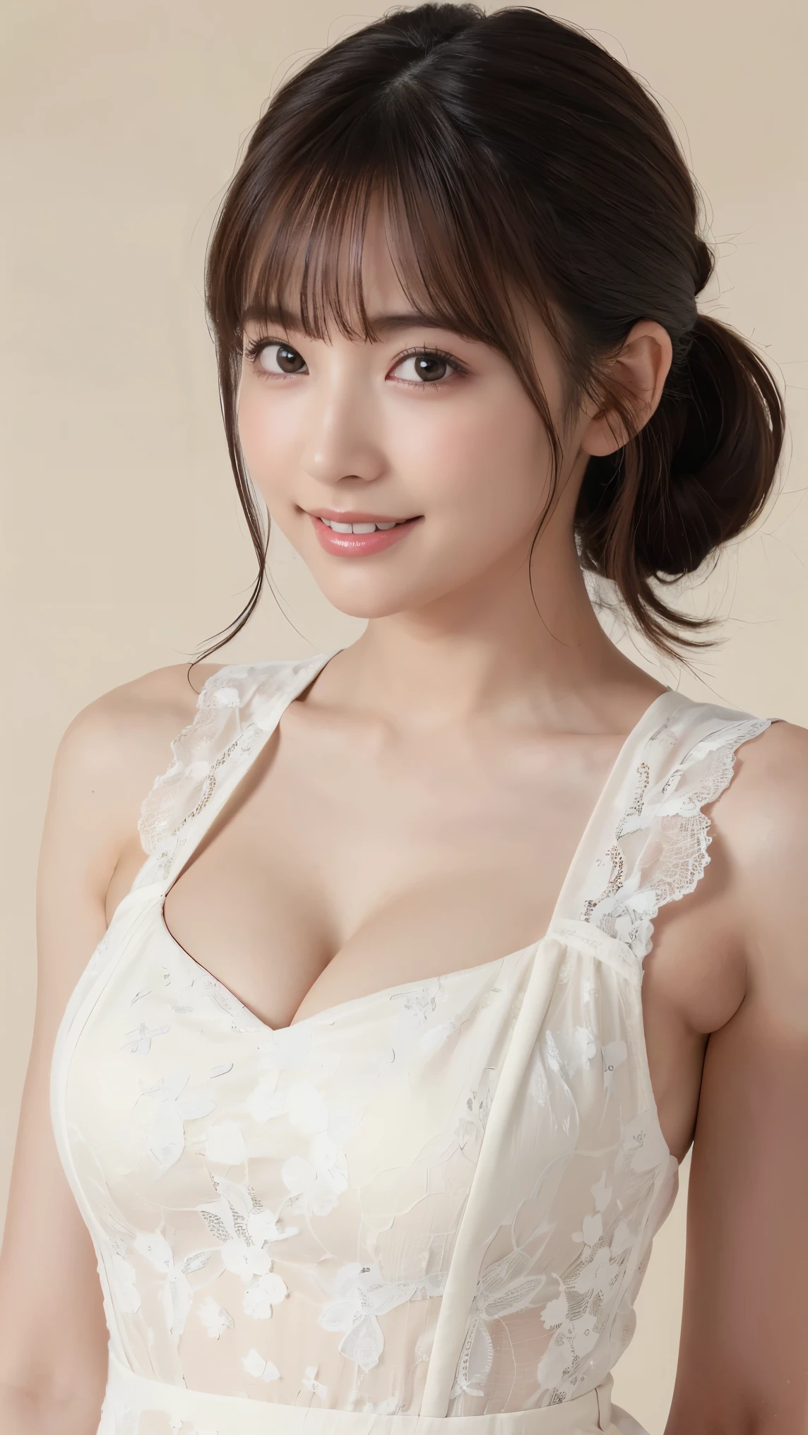1girl, natural lighting, masterpiece, highly detailed, illustration, game CG, absurdres, high quality, aichan, (large breasts), beautiful detailed eyes, short hair, ponytail, light curled hair, bangs, glossy lips, garden, wedding dress, off the shouler, light smile, necklace, jewelry