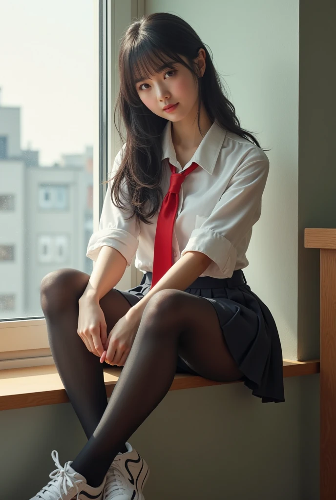 Dark blue pleated skirt、Purple panties、panthyhose、