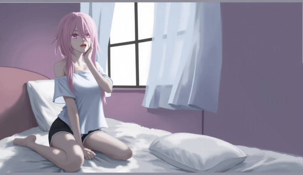 score_9, score_8_up, score_7_up, score_6_up, score_5_up, score_4_up, source_anime, 1girl, chooses to dress, worth, pink hair, long hair, white eyes, , messy hair, white shirt, leather skirts, barefoot, wardrobe, in wardrobe:
room, windows, evening, best quality, best res, 4K UHD,
