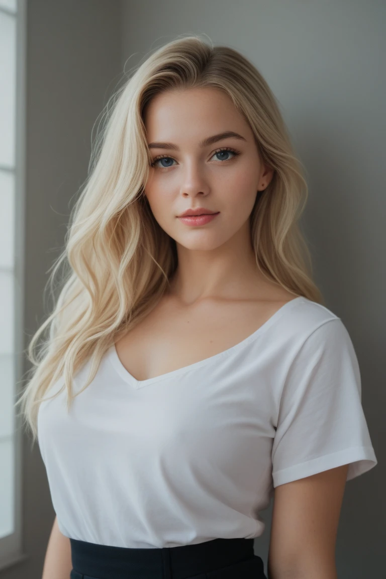 1 girl, Age 19, alone, long hair, giant , looking at viewer, blonde hair, bare shoulders, jewel-like, whole body, (Highly detailed 8K wallpapers), soft lighting, high quality, film grain, Fujifilm XT3 Sharp Focus, f 5.6, high detail, sharp focus,(natural light), (enlargement:1.2), (fascinating), off shoulder t-shirt, realistic, sexy