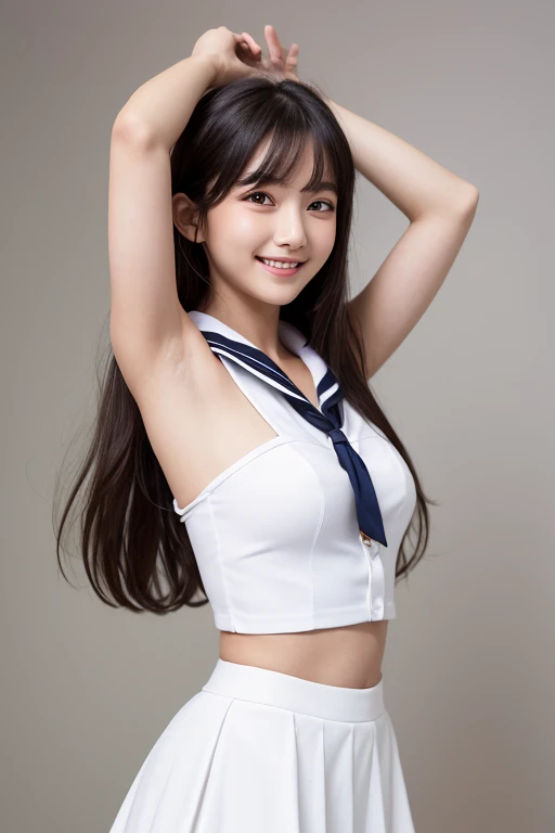 girl in school classroom,white sailor shirt,white bikini-style panties,18-year-old,bangs,a little smile,thighs,low ponytail,from below,frontlighting
