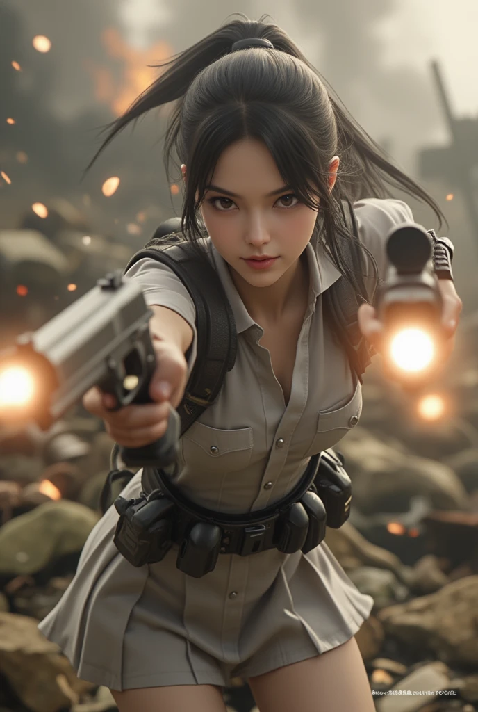 Elaizaikedareal, 1girl, solo, short hair, skirt, blonde hair, red eyes, gloves, ponytail, weapon, pantyhose, hairband, boots, holding weapon, gun, black pantyhose, rifle, one knee, sniper rifle, scope, shell casing