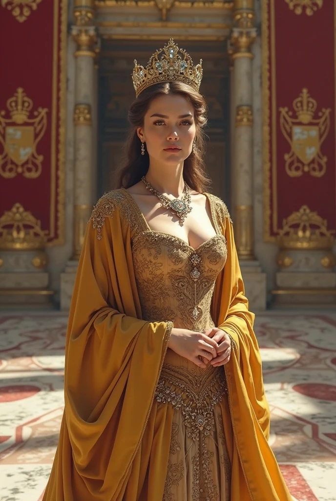 a queen in a medieval european empire style, beautiful intricate crown, elegant flowing gown, regal posture, ornate throne room background, warm lighting, photorealistic, highly detailed, 8k, dramatic lighting, dramatic colors, cinematic composition