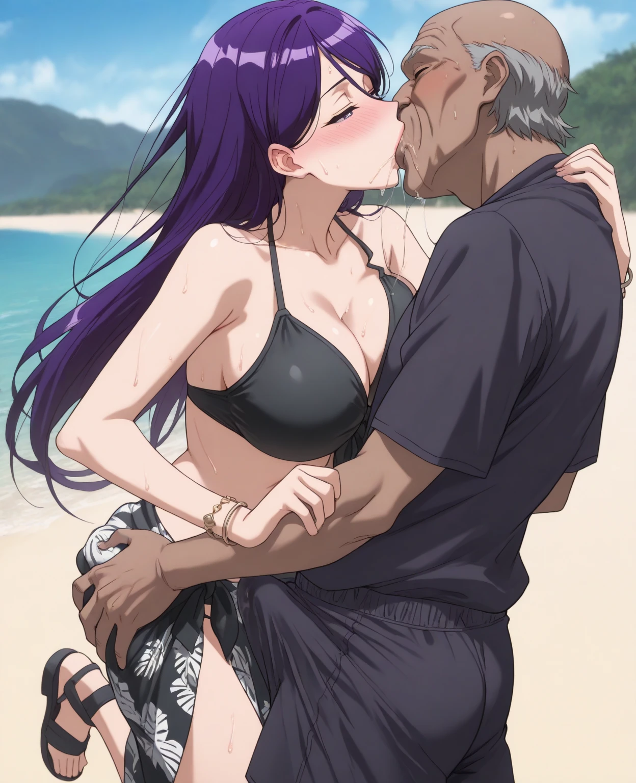 NSFW,masterpiece,Highest quality,High resolution,Very detailed,Sinon\(Sword Art Online\),(High quality sexy halter neck micro bikini), hair ornaments, Hair Clip,(Ecstasy face),Expectant face,Estrus,sexual excitement,blush,Ocean,Beach,Palm tree,Rock Shade,(Middle-aged men),(Have sex),heart,(Sex slave),From the side