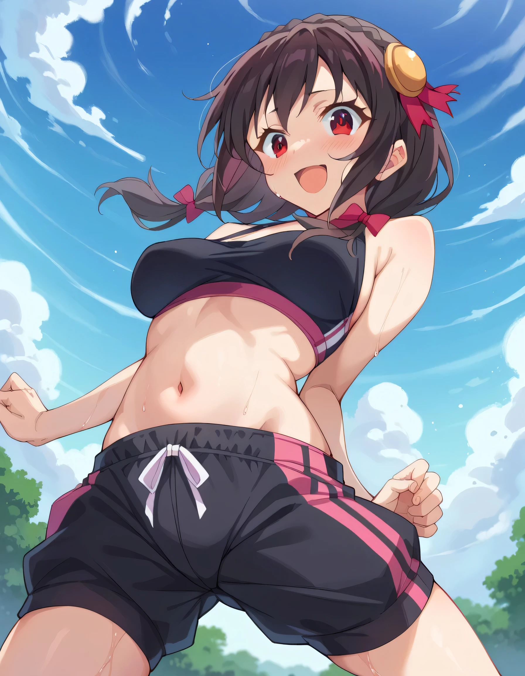 (anime art style:1.0), 2d, masterpiece, best quality, very aesthetic, absurdres, dynamic shadows, atmosferic, yunyun, 1girl, solo, brown hair, low twintails, crown braid, long hair, red eyes, detailed eyes, hair between eyes, bangs, medium breasts, (curvy body), makeup, blush, bikini, cheerleader, crop top, miniskirt, pleated skirt, sneakers, collarbone, borrowed, embarrased, open mouth, feet out frame, from below, hands on own breasts, squatting, spread legs, (looking at viewer:1.0), (grass), mountains, clouds, sky, trees