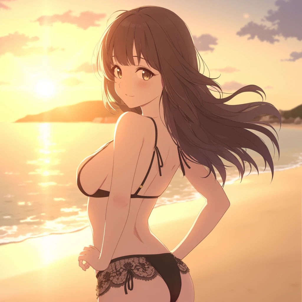 (Highest quality), (Super detailed), (An illustration), (Detailed light), (Very delicate and beautiful), One Girl, Brown Hair, Brown eyes, model, (Beautiful big boobs:1.3), Bare shoulders and chest:1.2), Highest quality, Highly detailed CG synthesis 8k wallpaper, High-resolution RAW color photos, Professional photography, (((Bokeh))), Depth of written boundary, Beach, Ocean, sun,