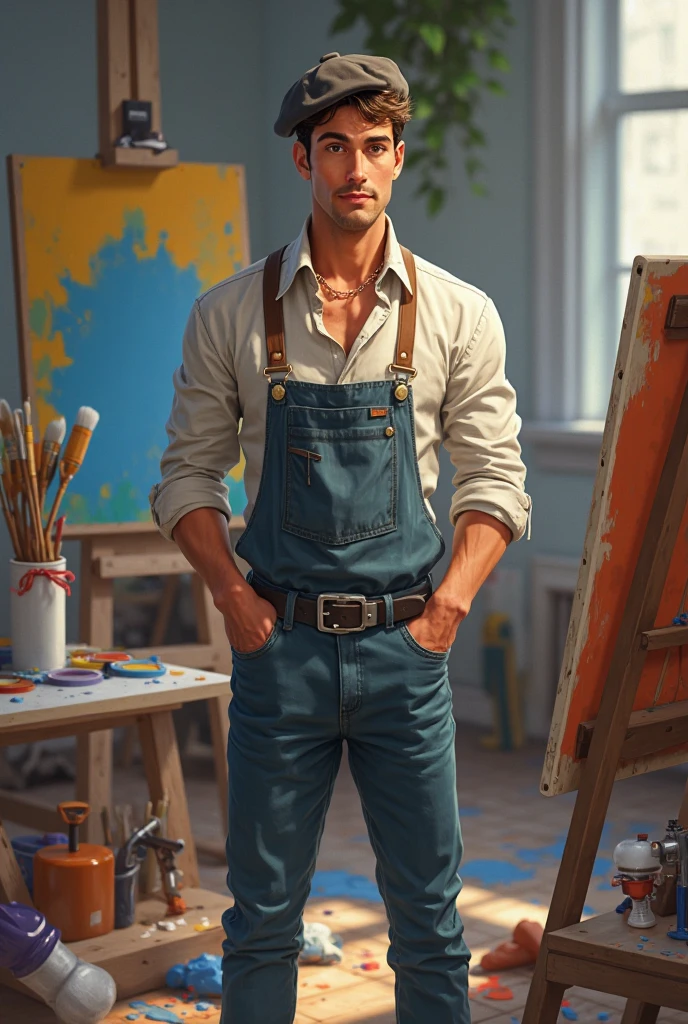 To attractive shirtless men, Standing in a workshop and kissing Passionately with a big bulge in their pants