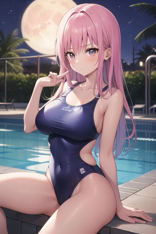 masterpiece、highest quality、Very detailed、Photograph the upper body、1 female、(Put your arms behind your back:1.4)、Are standing、Turn your body forward、View your viewers、(School Swimsuit)、break,blush、shy、Pink Hair、Open your mouth、Pool、Big Breasts、