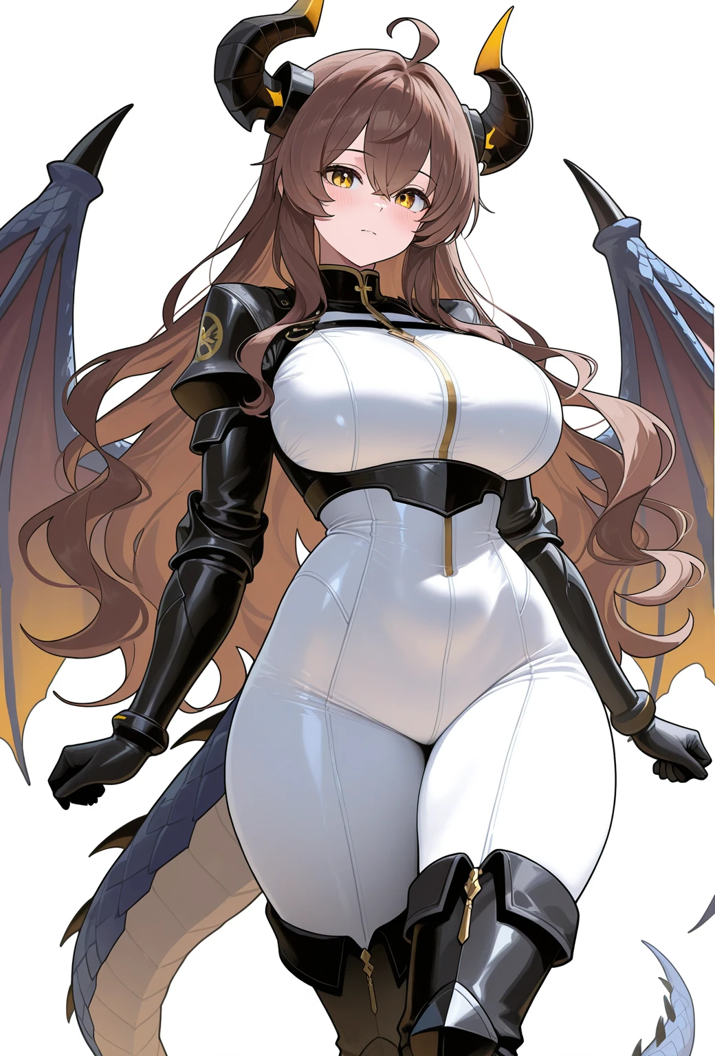 1girl,solo,(full body),(standard height),standing,(from front1.2),(shoot from front:1.2),(front view:1.4),(brown hair:1.2),short hair,(ponytail:1.2),(blue eyes:1.2)(beautiful fingers:1.2),(perfect anatomy:1.4),(arms_behind_back:1.4),(cold_shoulder:1.2),(yellow leather lace glossy silk lamé leotard:1.6),(latex luster shiny glossy metallic:1.6),(shiny_clothes:1.6),small breasts,(thin thighs:1.2),(yellow dragon wings),(branched reindeer horns),yellow dragon tail,(yellow dragon tail grown from tailbone:1.2),masterpiece,best quality,(Ultra high definition eyes:1.2),8k,(Beautiful detailed eyes:1.2),(Fine and beautiful eyes:1.2),(pretty eyes:1.2),finely detail,extremely CG, absurdres,high resolution,illustration,Detailed and beautiful outlines,finely detail,high resolution,(colorful refraction:1.4,Increase saturation:1.2),beautiful lighting,dynamic lighting,closed room,black background,simple background, smile,looking at viewer,suzuka ichinose, drapri,dragon girl,(white Clear PVC sheets sleeves:1.4),(sheer sleeves:1.4),(see-through sleeves:1.4),(wide sleeves:1.2),(pure white thigh boots:1.2)