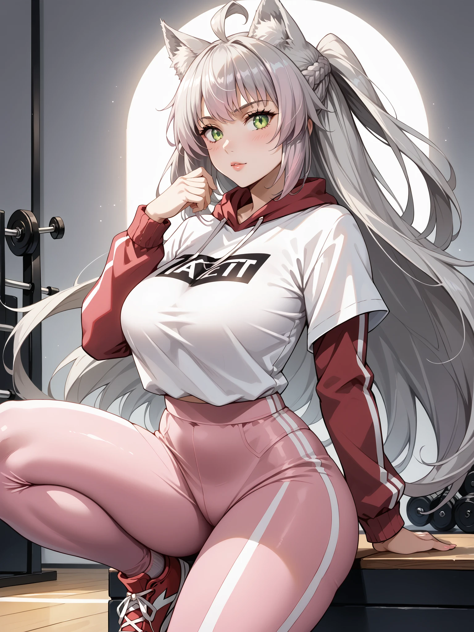 gym storeroom,1girll,tmasterpiece,The best quality,Very delicate long white hair,red pupils,squatting on the ground,Wearing a white gymnastics suit and red super shorts,red pupils