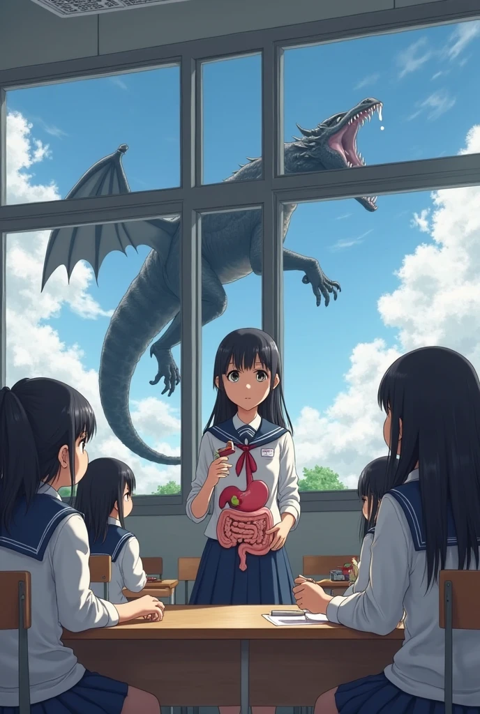 A Japanese girl is in a classroom. She is studying the digestive system. There are 3 other students. The board has a picture of a stomach. There is a model of a stomach. She looks out the window. There is a black dragon in the sky.