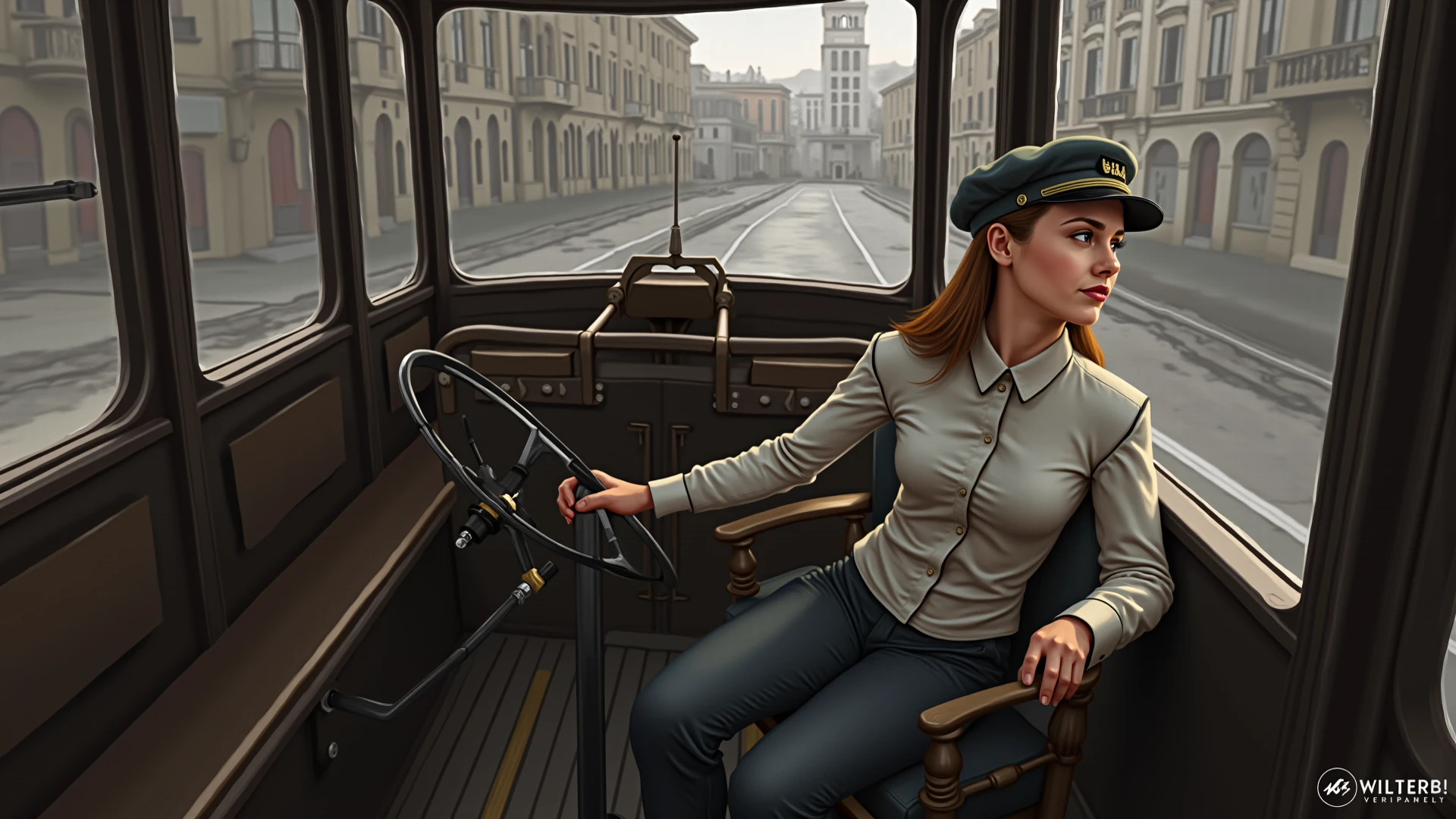 An thick young polish woman, grabs her crotch, realistic, formal shirt, tight trousers, realistic clothes, look of discomfort, she's desperate to pee, rushing to urinate, sitting in bus, full bladder, dying to pee, crying with embarrassment, expression of despair on her face, diuretics makes her bursting to pee