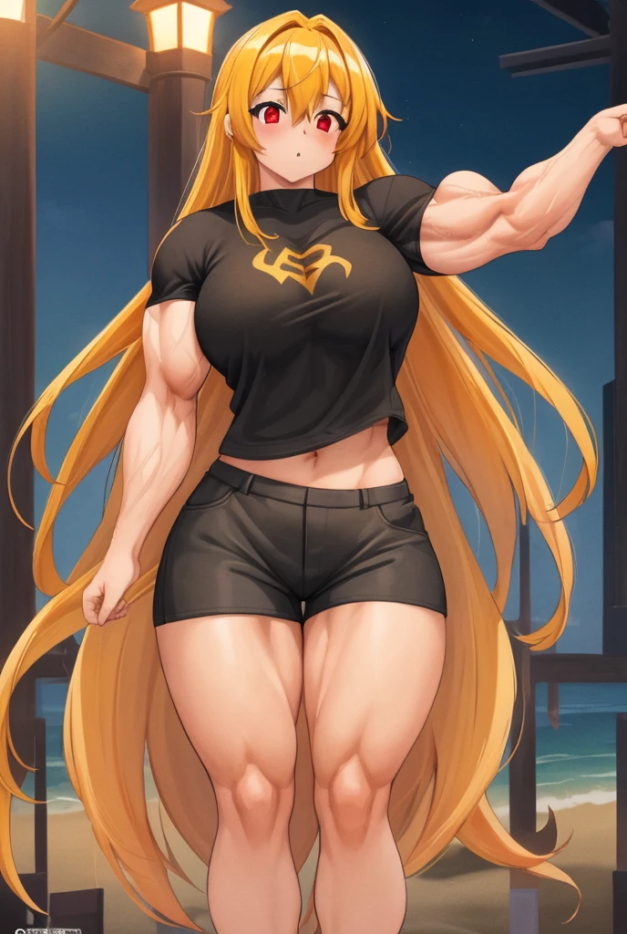 (bodybuilder) pale skin yellow eyes black hair very long hair 1girl huge breasts dark atmosphere thick thighs grey background sundress angry