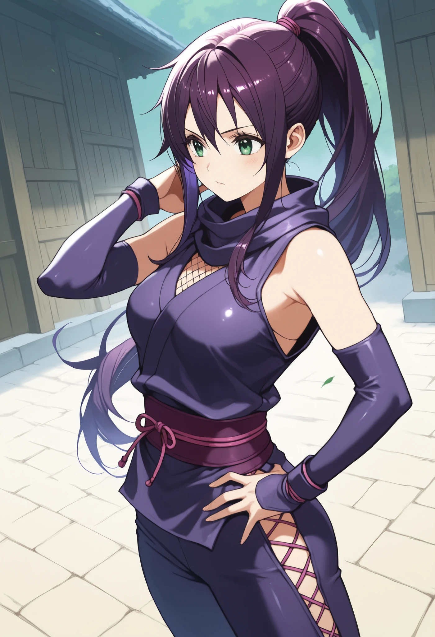 solo, 1girl, nami, long hair, dark purple hair, green eyes, ponytail, kunoichi, purple kunoichi suit, sleeveless, coboy shot, dutch angle