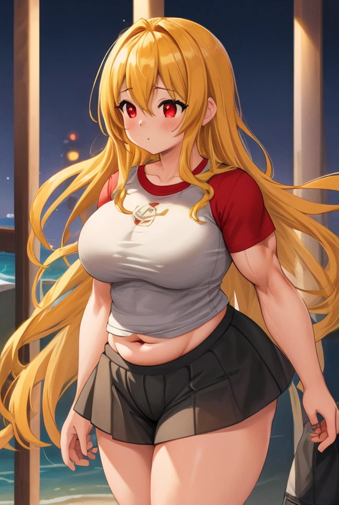 (masterpiece), (best quality), (High quality), (perfect anatomy), BREAK, (perfect face), face_focus, BREAK, 1girl, BREAK, (long hair, blonde hair: 1.67), ((twin tails, black ribbons)), BREAK, (big eyes, perfect eyes, detailed eyes, expressive eyes, grey eyes: 1.8), (thick eyebrow), BREAK, ((smirk, happy)), BREAK, (tall height), BREAK, (slim bulid), (well bulid), BREAK, (big breasts: 1.4), BREAK, (red tubetop: 1.4), (cropped), (sleeveless), BREAK, ((low-rise baggy shorts: 1.4)), BREAK, (black boots), BREAK, (standing on one leg), (arms wide open), (view from front: 1.3), (full body: 1.5), BREAK, (gacha character splash), BREAK, eyeliner, jk style,