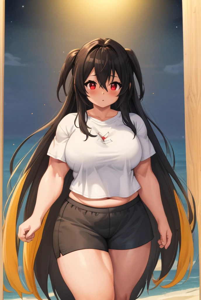 A woman wearing a red shirt with white kanji office, wearing black denim shorts, sports boots, black hair, long hair, ahoge hair, red eyes, smiling, big breasts, perfect face, perfect eyes, standing outside a modern house , with traditional Japanese aesthetics in the background, lawn, close view, daytime location,UHD, prime work, accurate, anatomically correct, textured skin, super details, high quality, best quality, 8k, high resolution, bokeh effect. (woman alone)