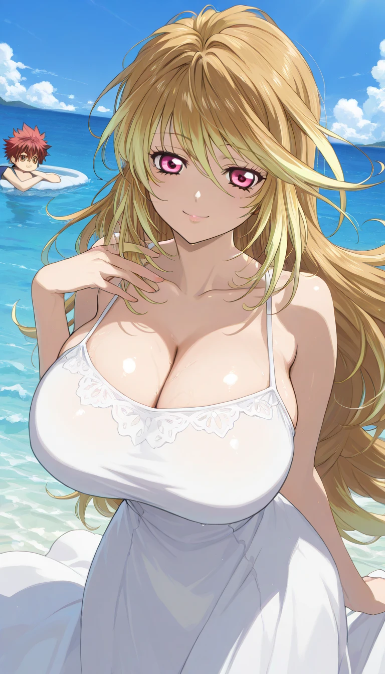 Seina Kashiwazaki, 1girl in, a blond, ponytail, butterfly hair ornament, (medium breast), Light blue micro bikini, (upper body:1.5), sand beach