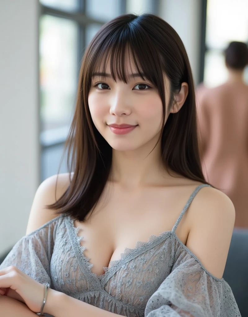 (目を閉じている:1.5)、Nipples are visible、(RAW Photos), (Realistic), (masterpiece), (highest quality), High resolution, 8K resolution, (Intricate details), (Volumetric Light), Portraiture, woman,, short hair, Straight hair, Layered Hair, Brown haired, Highly detailed eyes, Source order, Very thin eyebrows, Highly detailed skin, Highly detailed mouth, Highly detailed nose, Cute like an idol, smile, ((Thick lips)), ((Look at the viewers)), (Elegant blouse)、Cleavage、Cleavage、The color of the clothes is up to you、The color of her underwear is see-through colorful、