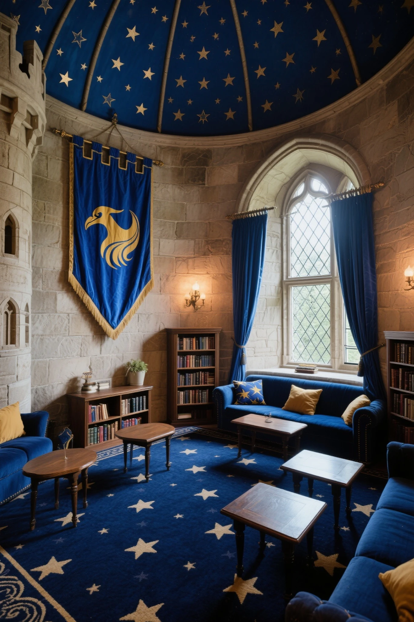 Castle tower, Harry Potter, Ravenclaw, lounge,  arched window, Blue silk hanging on the wall, Domed ceiling decorated with stars, , dark blue carpet with stars drawn on it , tables, , Bookshelf on the floor  