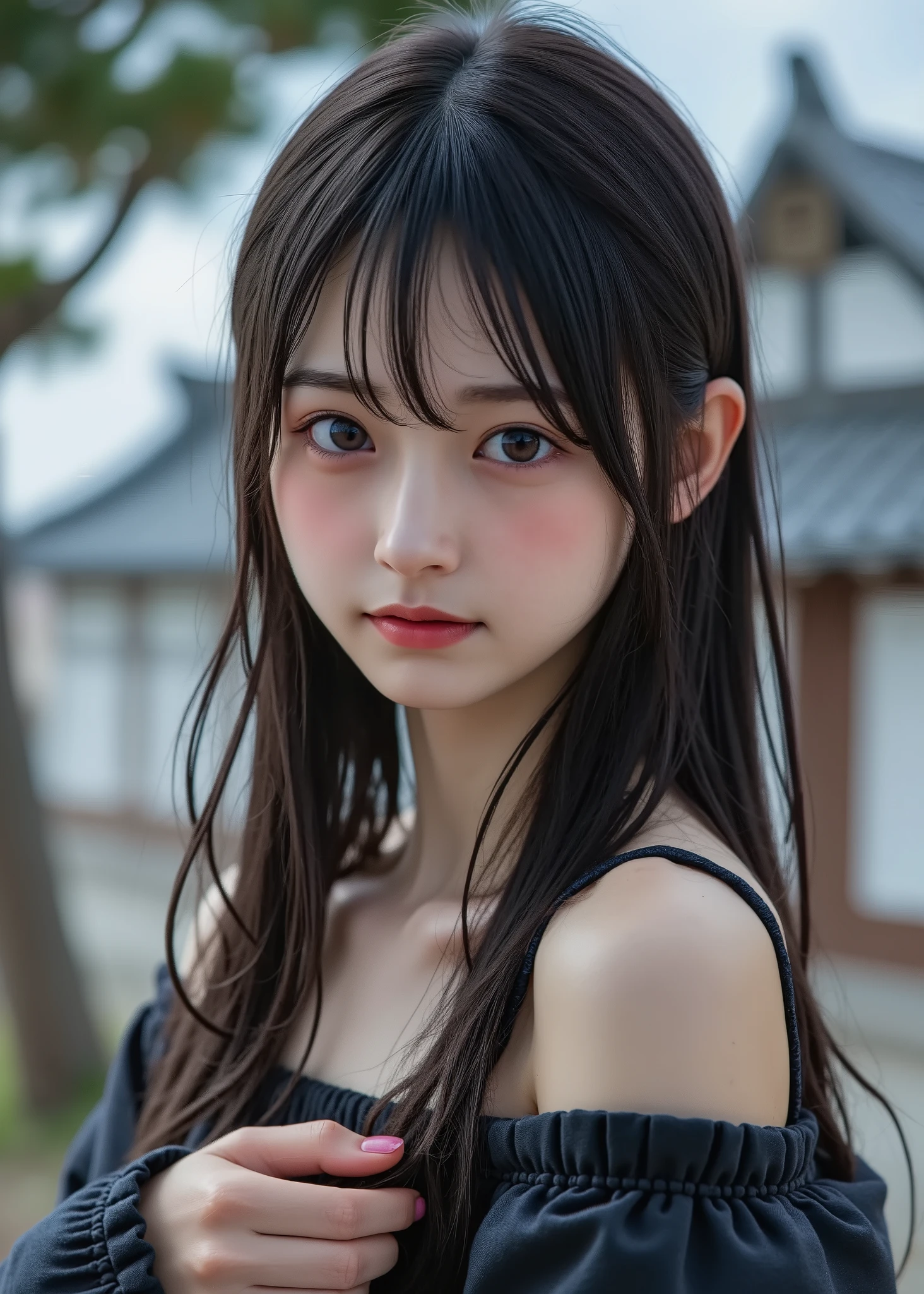 Moonlit Night、female ninja、 Black Zukume、is cool、cute 、Female 1、hold a shuriken in both hands and cross、arms at the chest、Posture Pose 、with pine trees and Himeji Castle in the background