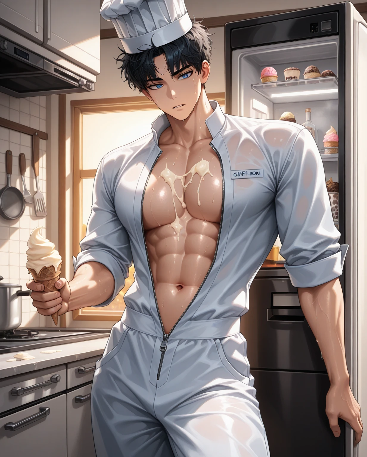 (absurdress, hight resolution, Ultra Detailed, HDR), Masterpiece, Best Quality, Portrait of a boy, Handsome boy with blue eyes, Detailed Face, in the city, Youthful physique, Handsome Adventurer, casual photo, Man in RPG style with detailed torso, Comfortable chairs, Standing, (puffy(From Bottom:1.1)), gaze at the viewer,a Korean boy is cooking. he is lean and muscular. showing his abdominal muscles. white skin. Topless. Black briefs. Glasses. kitchen background.
