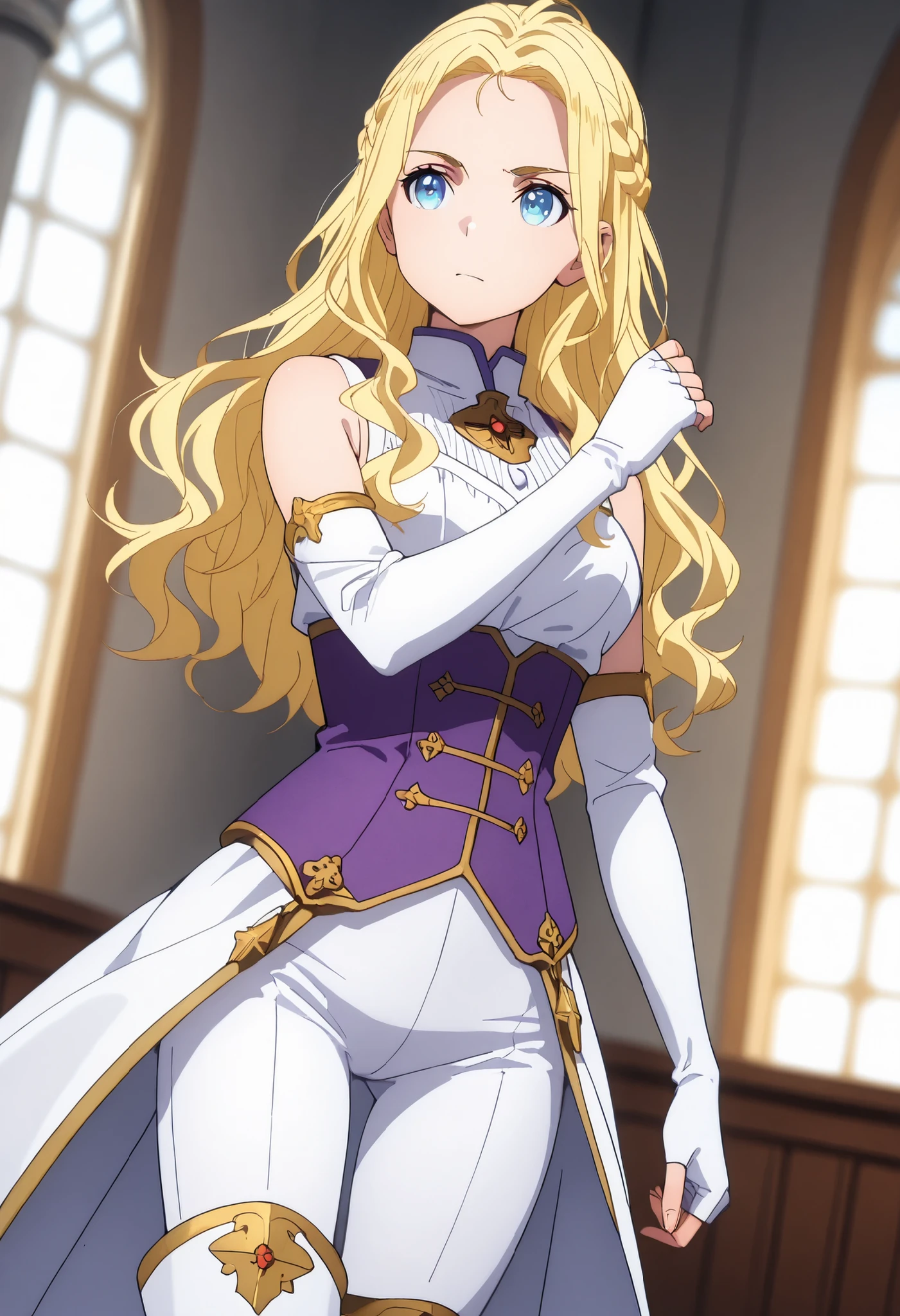 solo, ushio kofune, long hair, wavy hair, blond hair, braid, blue eyes, in a castle, medieval noble, medieval princess, white coat, sleeveless top, white gloves, arm long gloves, Fingerless Gloves, white tight pants, white boots, purple corset, white thigh boots, white and purple outfit with gold finishes, fantasy style, dominant, confident, dutch angle, cowboy shot, perfect eyes, perfect body