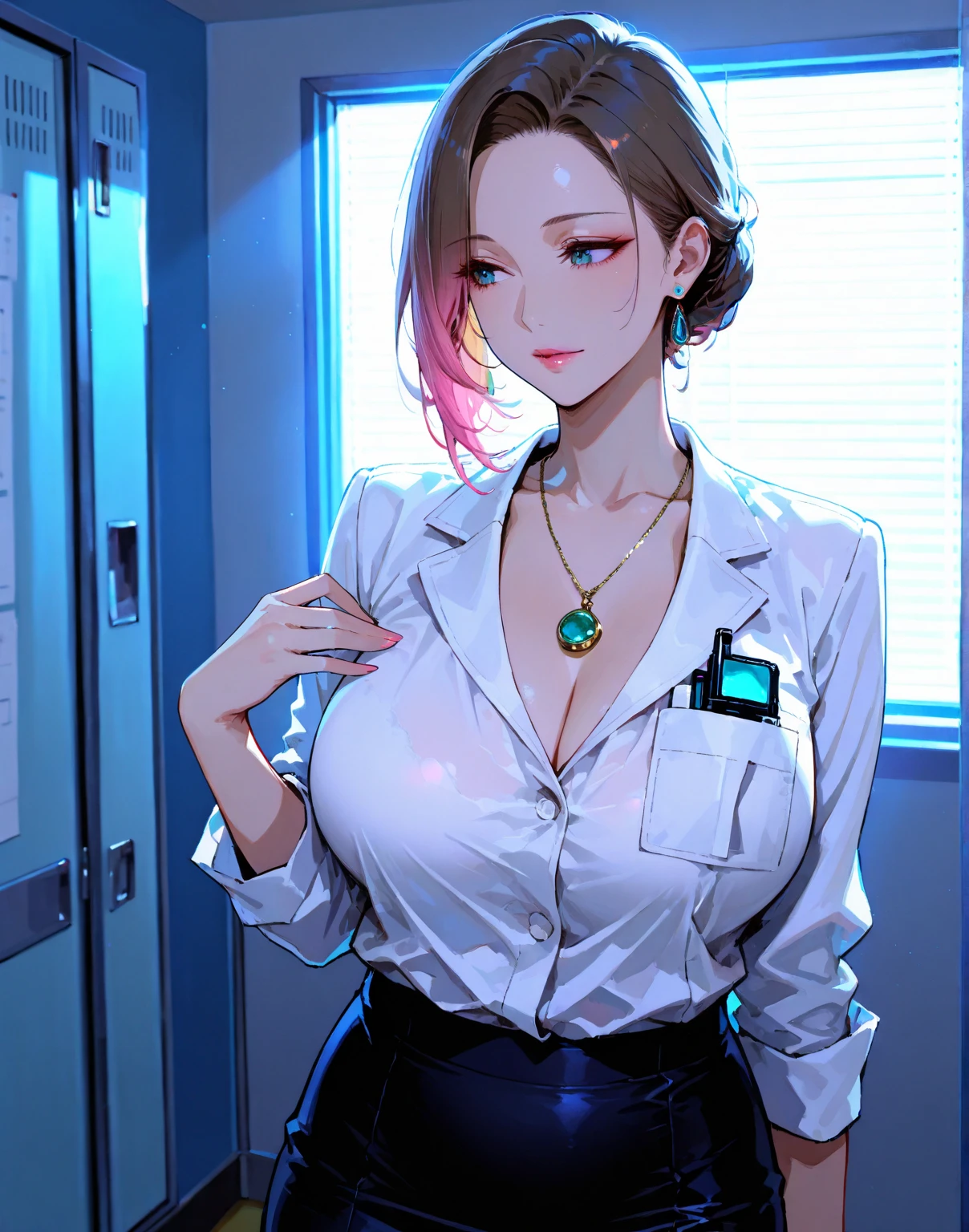 ((extremely realistic shading, masterpiece, extremely detailed, photorealistic)) <lora:songyaying-08:0.7>Golden short hair, golden eyes, white shirt, black short skirt, pantyhose, chest badge