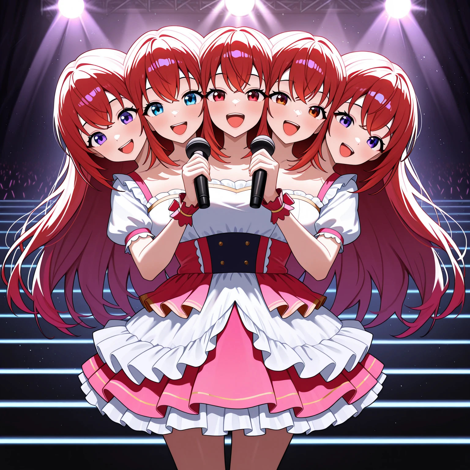 masterpiece, best quality, absurdres, conjoined, 4girls, 4 heads, multiple girls, idol girl on stage, singing, smile open mouth, dress, long hair, stage light, holding microphone, solo, rating_safe