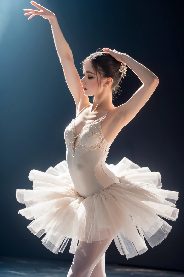 ballerina, Beautiful swan-like figure, (highest quality,16k,Highest Resolution,Tabletop:1.2),Very detailed,(Realistic,Realistic,Realistic:1.37), flexible legs, 23-year-old woman, Random Hairstyles, emphasize the waistline, Light background, Emphasis on flexibility, Thin, sheer lace body stockings, Demonstrates leg flexibility,