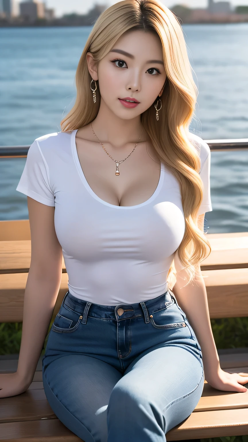 (8K, Raw photo, highest quality, masterpiece: 1.2), Super detailed, super resolution, (genuine, genuine photos: 1.37), portrait, High-definition RAW color photo, professional photos, 非常に詳細で美new, very detailed, 8k wallpaper, amazing details, huge file size, official art, very detailed CG Unity 8k wallpaper, very detailed beautiful girls, very detailed facesHighly detailed eyes, Very fine skin, very detailed fingers, very small nose, very detailed detailed mouth, perfect anatomy, detailed background, fine clothes,20th generation, cute girl, genuineistic body, white skin, glowing skin, (dull bangs: 1.2), smile, cute, like々new, cute face, genuineistic face, delicate eyes, sagging eyes, (Stylish plain clothes)、(white shirt)、(jeans shorts).earrings, necklace、looking at camera, dynamic lighting, G cup breasts,big breasts、、(Background of sandy beach with sea view)、(Dynamic Sexy Pose 1.2)、(There is a cleavage )、(coconut brown skin 1.2)、(blond hair1.2)、(black gal 1.2)、(Gal work 1.2)