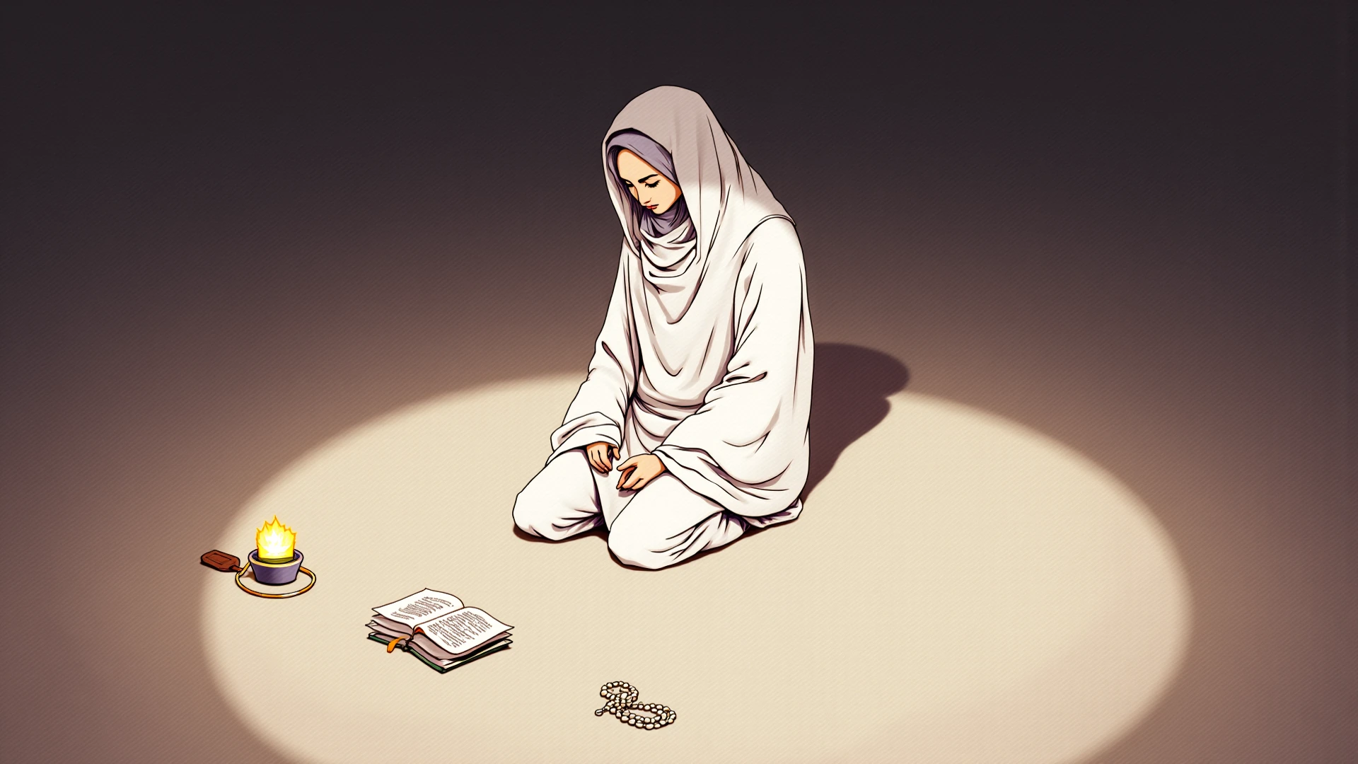 siren, Ink sketch, detailded,muslim woman praying bending on her knees,on top of the carpet