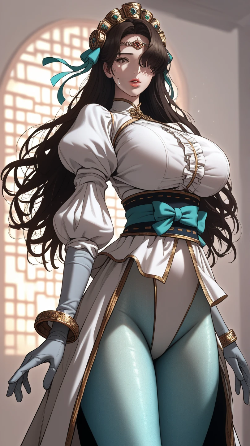 Ahri da league of legends,(best qualityer,4K,8k,high resolution, work of art:1.2)(weather: windy), 1girl, Japanese female, spirit forest background, red and white long sleeve korean kimono dress, cleavage, spirit sphere, cute makeup, thigh high boots, belt, long black hair, braided hair, fox ears, multiple fox tails, ultra detailed, realistic, portrait, beautiful detailed yellow eyes, beautiful detailed lips, extremely detailed eye and face, beautiful girl, long eyelashes, sexly, average, large breasts, beaming smile, dancing, stunning curves, bright coloured, dramatic lighting,